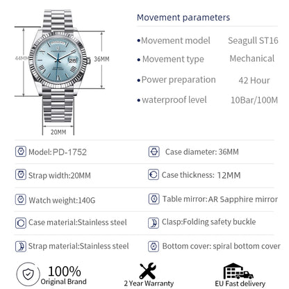 PAGANI DESIGN Men's Watches Green Luxury Automatic Watch For Men ST16 Mechanical Wristwatch Men For 2025 New Stainless Steel