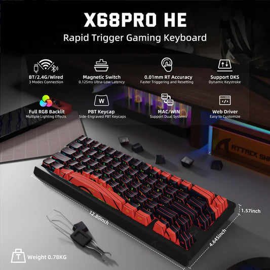 ATTACK SHARK X68PRO HE Wireless Rapid Trigger Gaming Keyboard, Magnetic Switch RGB Mechanical Keyboard, Tri-Mode Bluetooth/2.4GHz/Wired Hot-Swap Gaming Keyboard