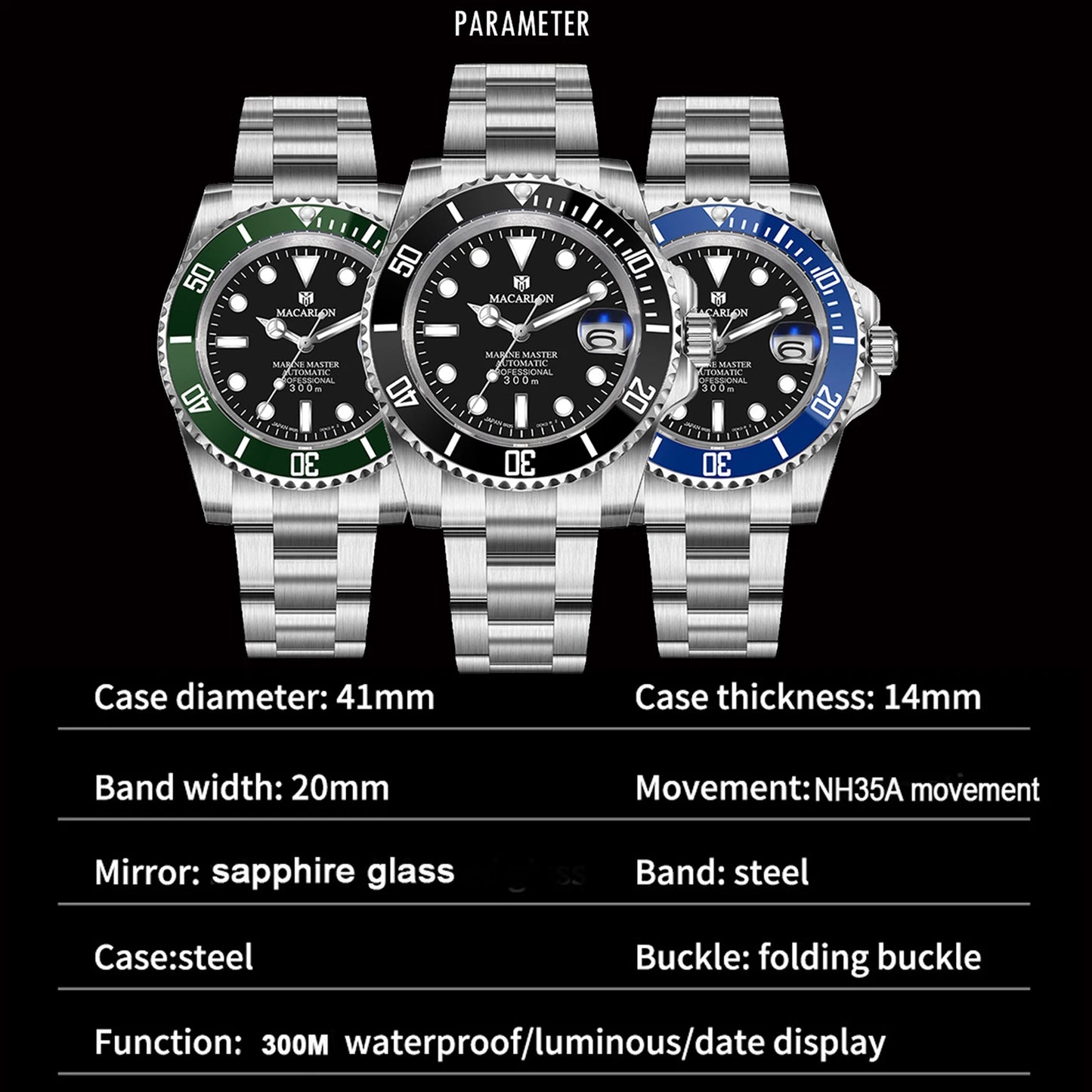 MACARLON Design New 41mm Mechanical Watch for Men Sapphire Glass Luminous Stainless Steel Waterproof China NH35 Automatic Watch TOP