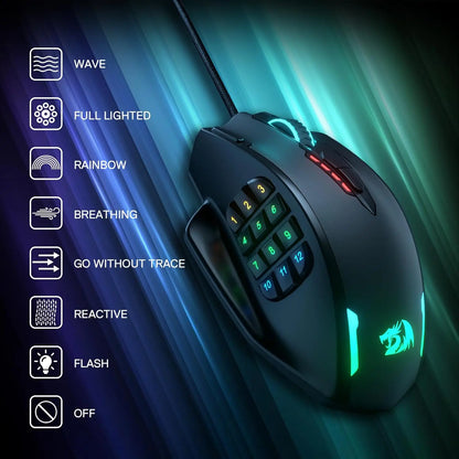 Redragon M908 RGB-Hintergrundbeleuchtung LED USB-kabelgebundene Gaming-Maus 18 programmierbare Maustasten 12400 DPI