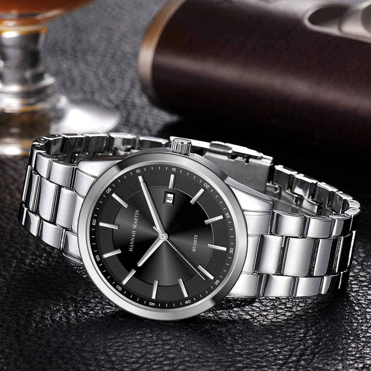 HANNAH MARTIN quartzhorloge, 40 mm, voor heren, zwarte roestvrijstalen armband, waterdicht tot 3 bar, sport-chique stijl