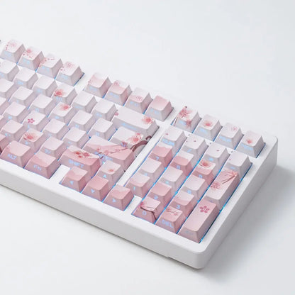Conjunto de Keycaps Sakura Pink com Gravação Lateral em PBT Translúcido, 127 Teclas para Teclados Mecânicos MX Switch 60/84/90/104/108