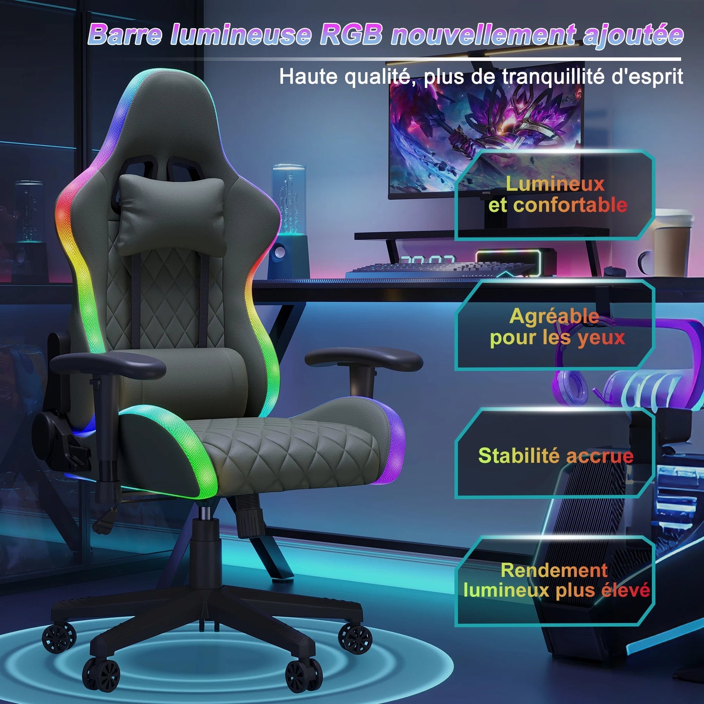 Ergonomic Office Chair with Lumbar Massage, RGB LED Lighting, Reclining Backrest, Adjustable Armrests, Gaming Desk Chair for Home Office