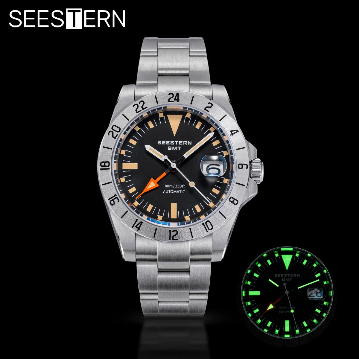 SEESTERN GMT Retro Watch for Men NH34 Automatic Movement Mechanical Wristwatches Sapphire Crystal Fine-tuning Pull Button S436