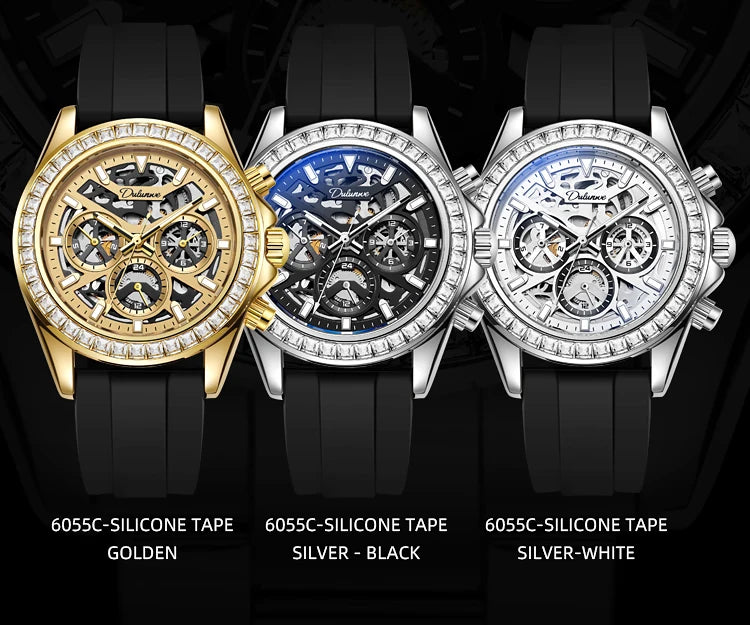 Diamond Bezel Stainless Steel Automatic Watch Fashion Mulitfunction Waterproof Luminous Mechanical Watches for Men
