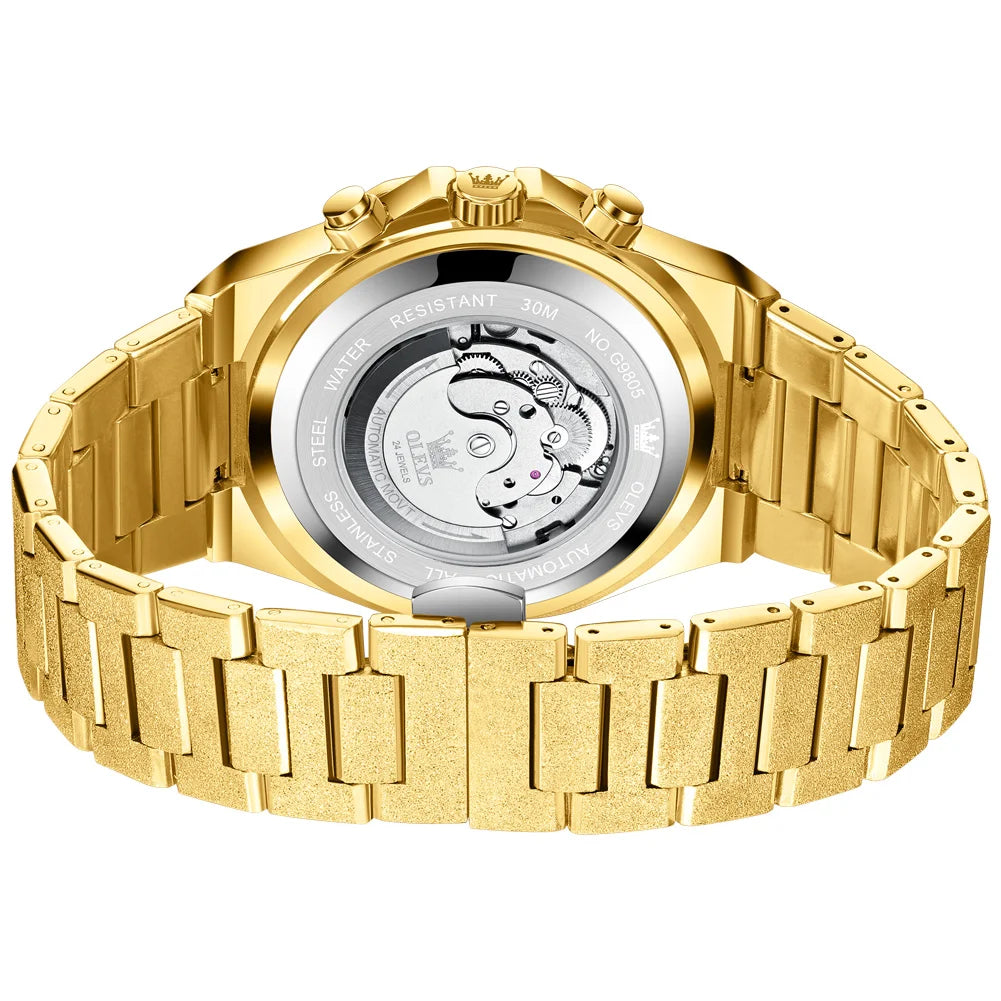 Ceasuri pentru bărbați OLEVS din oțel auriu, ceasuri de lux mecanice automate, ceasuri de mână sport, rezistente la apă, cu tourbillon, Reloj Hombre