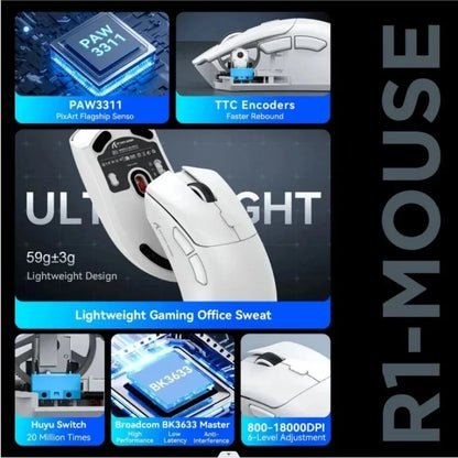 Rato ultraleve ATTACK SHARK R1 59g com PAW3311, 18000DPI, 400IPS, 40G, 1000Hz, Tri-Mode, controlador Broadcom BK3633, 20 milhões de cliques