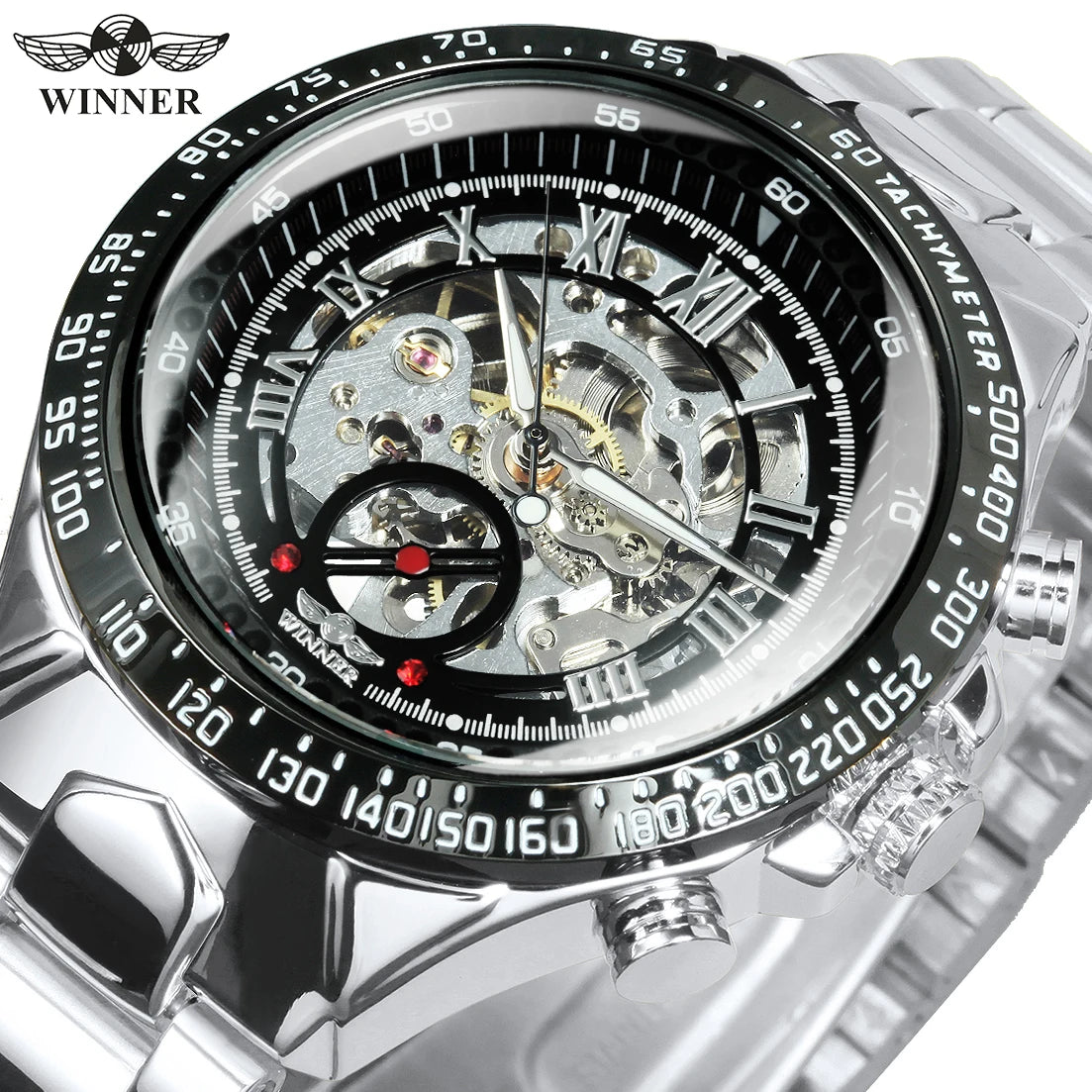 Montre automatique pour homme WINNER – Modèle squelette transparent, aiguilles luminescentes, bracelet en acier inoxydable, montre mécanique de marque de luxe