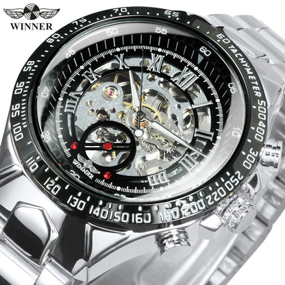 Montre automatique pour homme WINNER – Modèle squelette transparent, aiguilles luminescentes, bracelet en acier inoxydable, montre mécanique de marque de luxe