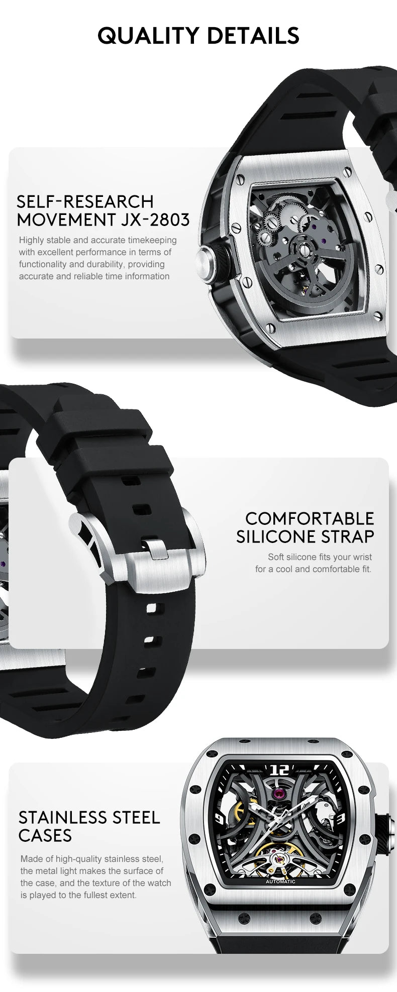 New Style Automatic Watch Tonneau Dial Silicone Strap Waterproof Sport Mechanical Wristwatch Stainless Steel 2026