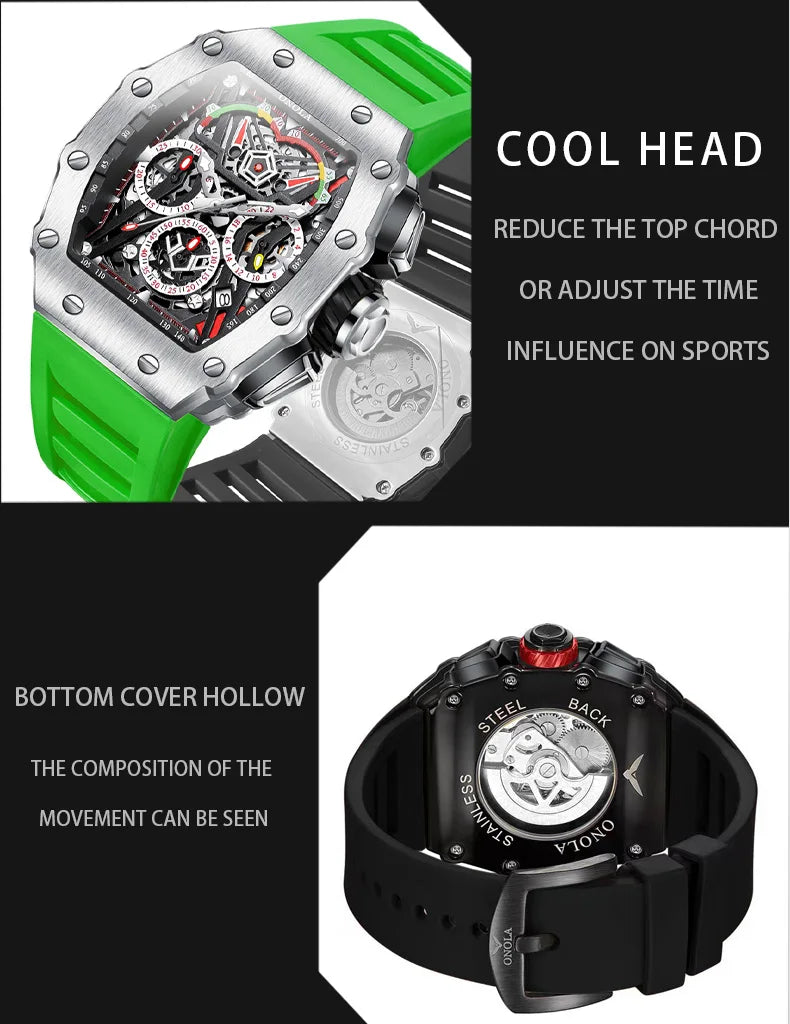 ONOLA Luxury Men Mechanical Watch with Hollow Out Luminous Automatic Watch 3Bar Waterproof Reloj Hombre