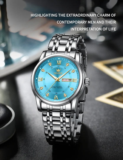 OLEVS Top Original Men Quartz Watch Blue Waterproof Watch for Men Stainless Steel Quartz Men Luxury Watch Luminous Wristwatch