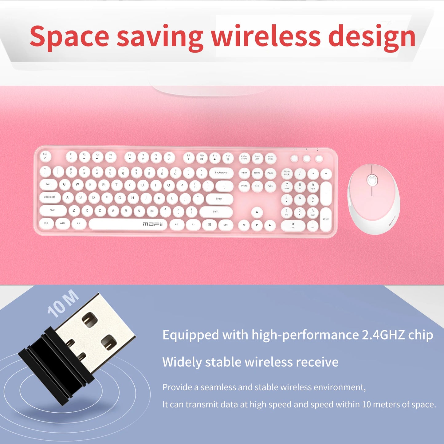 MOFii Black Retro Round Keycaps Wireless Keyboard & Mouse Combo, 2.4G Quiet Office Set, US QWERTY Layout