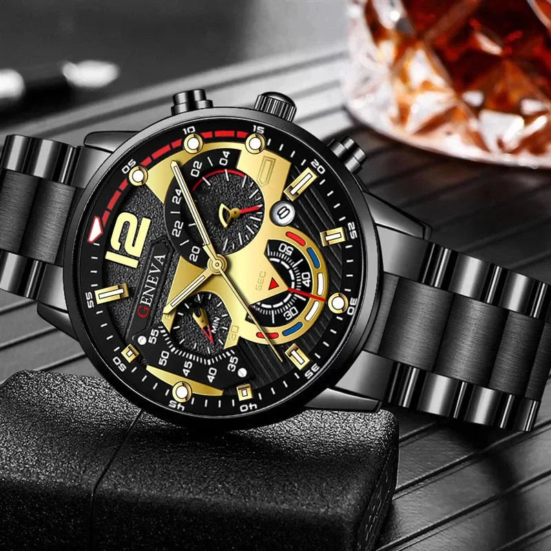 GENEVA Men's Creative  Six-Pin Watch Alloy Steel Band Quartz Watch Men Watch New Luxury  Men's Quartz WristWatch