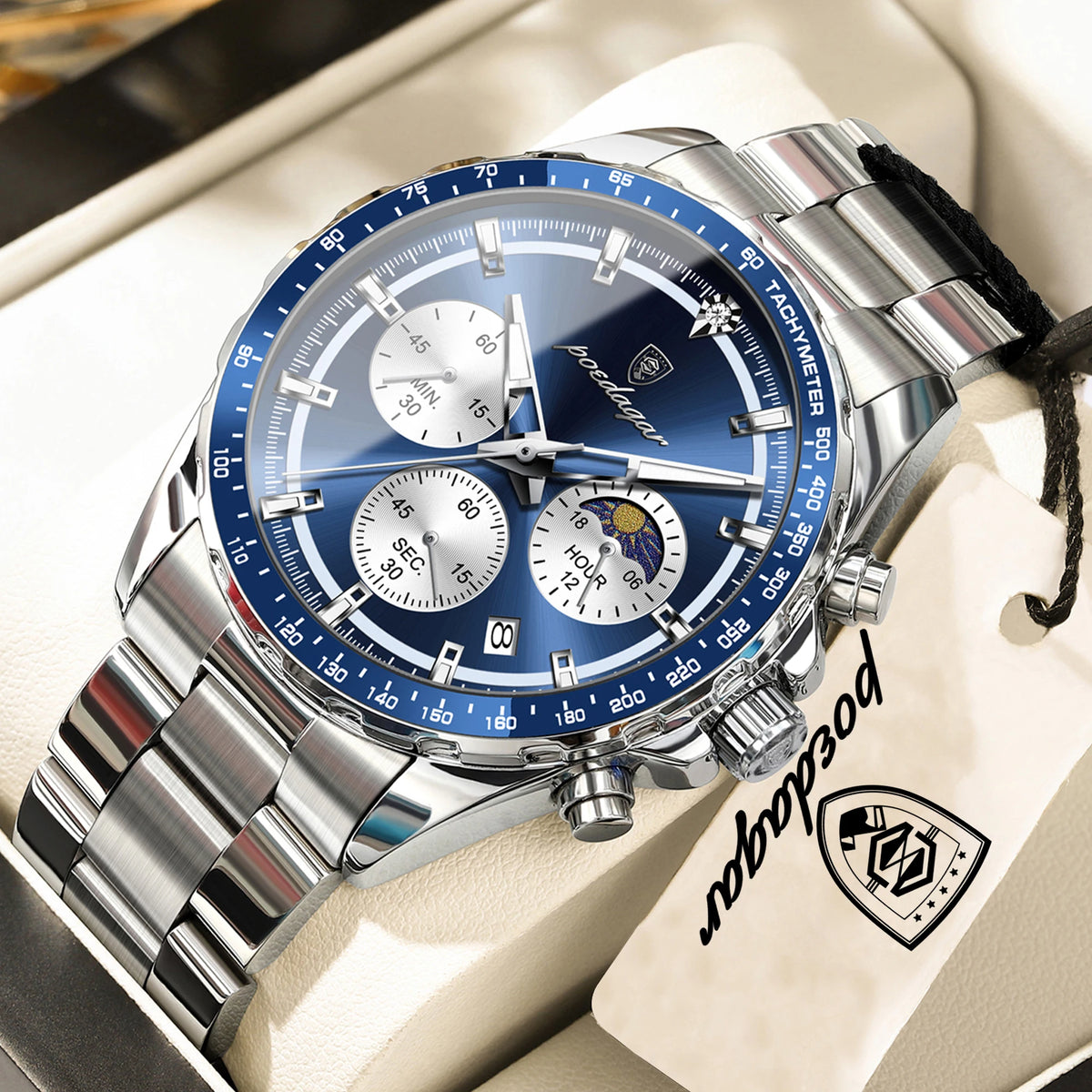 Montre homme POEDAGAR de luxe, élégante et étanche, chronographe à quartz avec date, style classique et lumineux.