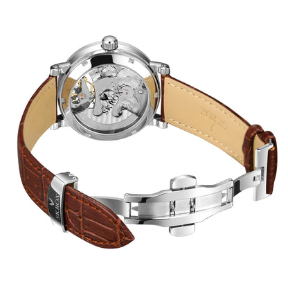SKROX mekanisk automatisk armbåndsur til mænd, skeletmodel med GMT-funktion, månefase og tourbillon – Elegant og originalt luksusur i topklasse.