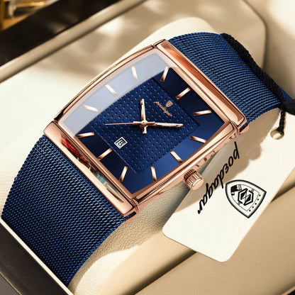 POEDAGAR Men’s Luxury Rectangle Quartz Watch Stainless Steel Mesh Strap, Luminous Dial & Date