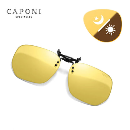 CAPONI New Sunglasses Clip For Men Square Polarized Photochromic Glasses Clip Flipped Up Protect Eyes Light Clip On Frame BS1103