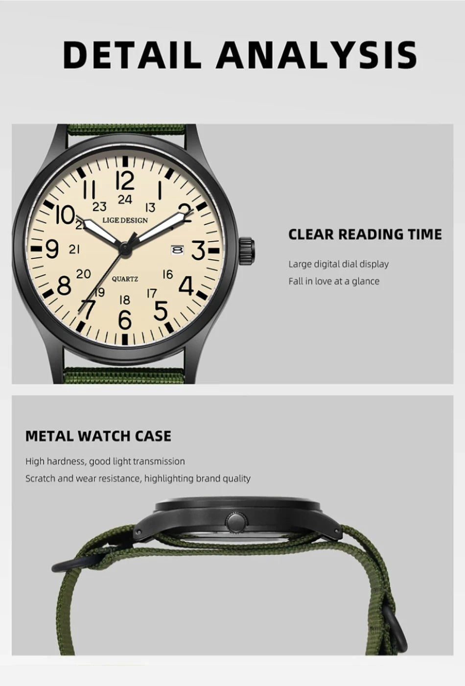 LIGE Lyxiga herrklockor med kvartsverk, datum, nylonarmband, läderarmband, vattentäta, självlysande, militär- och sportklockor för män relogios masculino