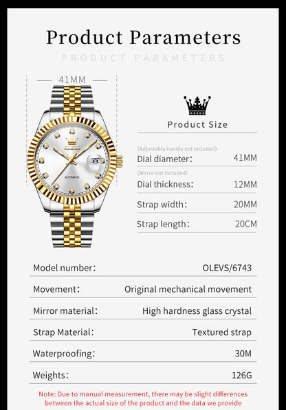 OLEVS New Automatic Watches Man Original Luxury Diamond Dial Stainless Steel Waterproof Auto Date Mechanical Watch for Men 6743