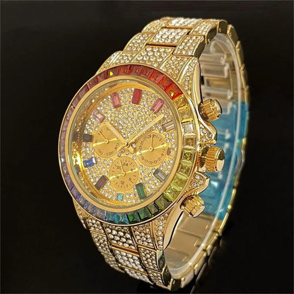Hot Sell Luxury Green Iced Watch For Men Fashion Stainless steel Quartz Wristwatch Hip Hop Rainbow Diamond AAA Watches Man Reloj