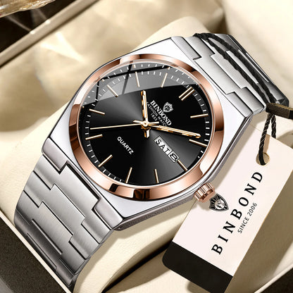 Relógio de pulso de luxo BINBOND com movimento de quartzo, luminoso, estanque, com indicação do dia da semana e data automática, bracelete em aço, estilo empresarial, desportivo, moderno e casual.