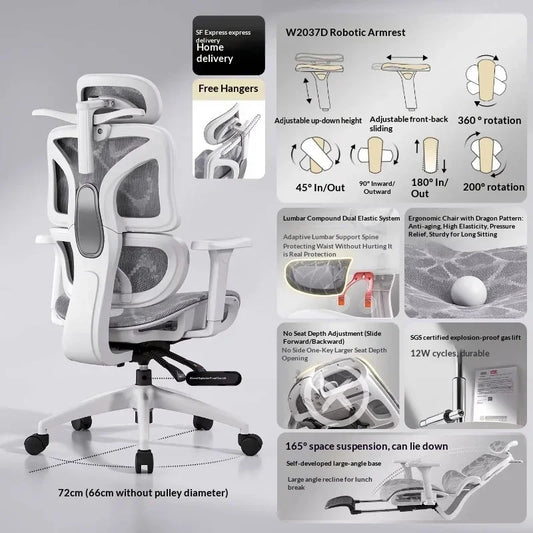 Scaun de birou din plasă, ergonomic, cu suport lombar reglabil, pivotant, cu spătar rabatabil, tetieră și roți, pentru home office, birou și gaming