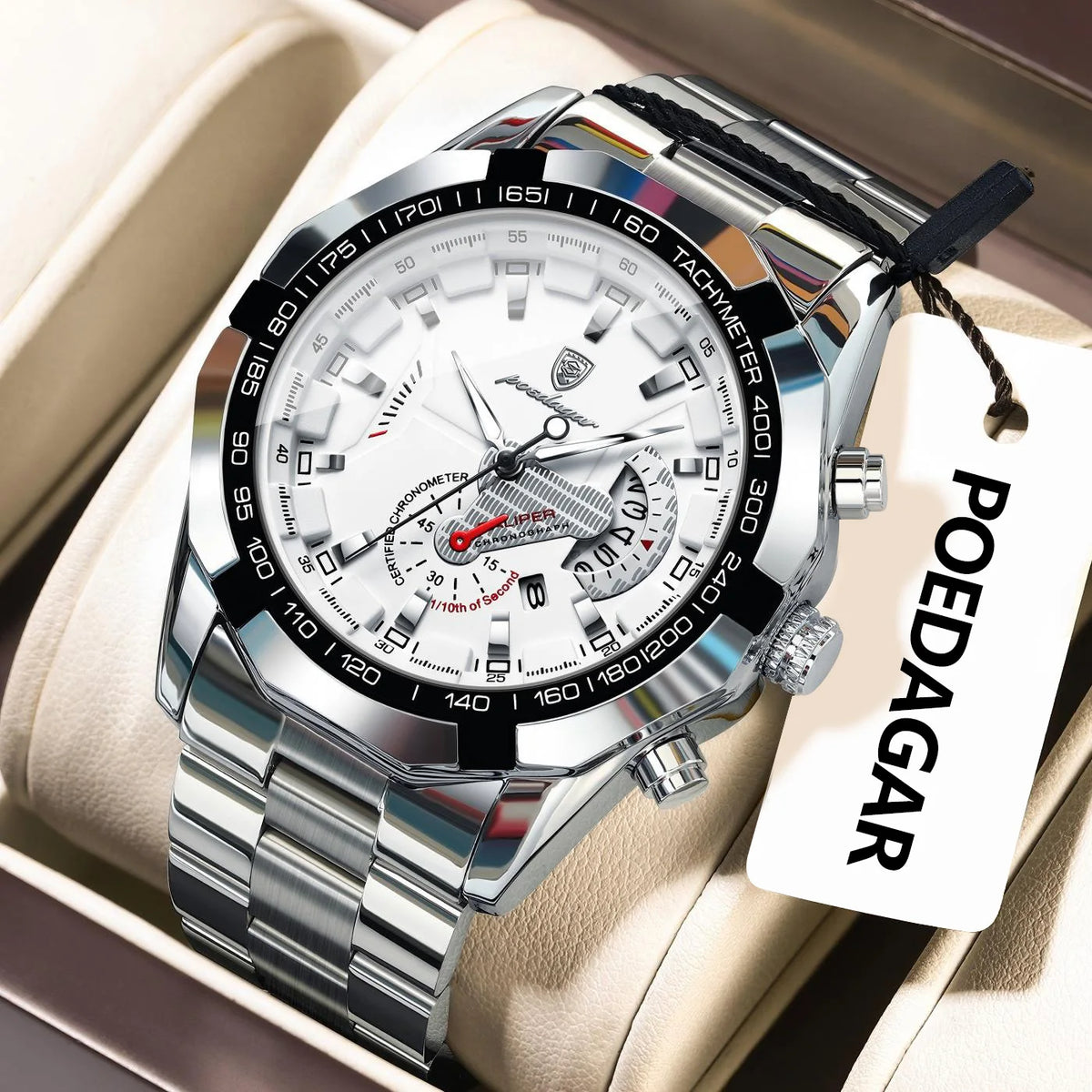 POEDAGAR luxe herenhorloge, waterdicht, verlicht, datum, sportief, roestvrijstalen band, quartz uurwerk.