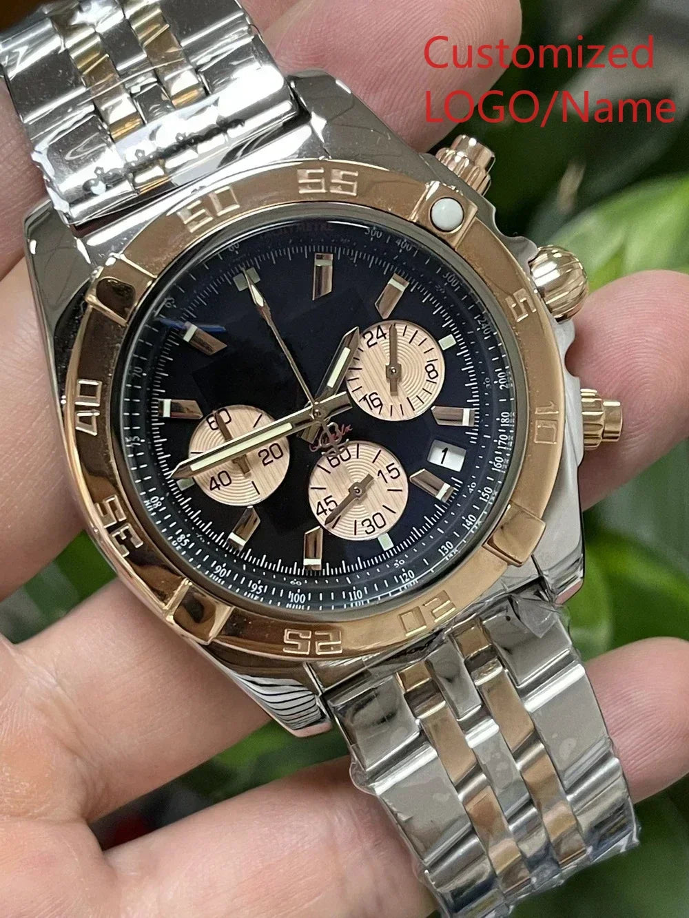 A989 Store Customized Watch Fashion Sport Quartz Watch for Men Chronograph Sapphire Glass Silver Rose Rotating Bezel