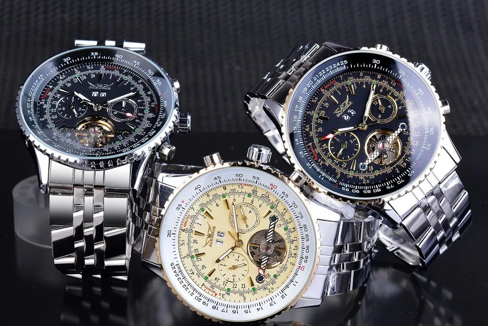 JARAGAR 034, lyxig retro-armbandsur med automatisk mekanisk urverk, tourbillon, skelettur, rostfritt stål, veckokalender, herrklocka