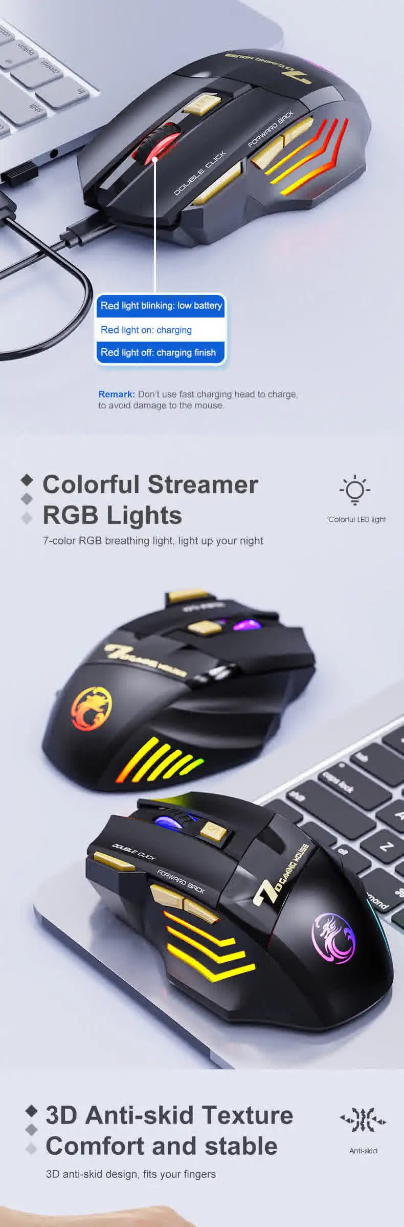 Brezžična miška Bluetooth, polnilna računalniška miška za gamerje, ergonomska gaming miška z RGB osvetlitvijo in tihim delovanjem za PC