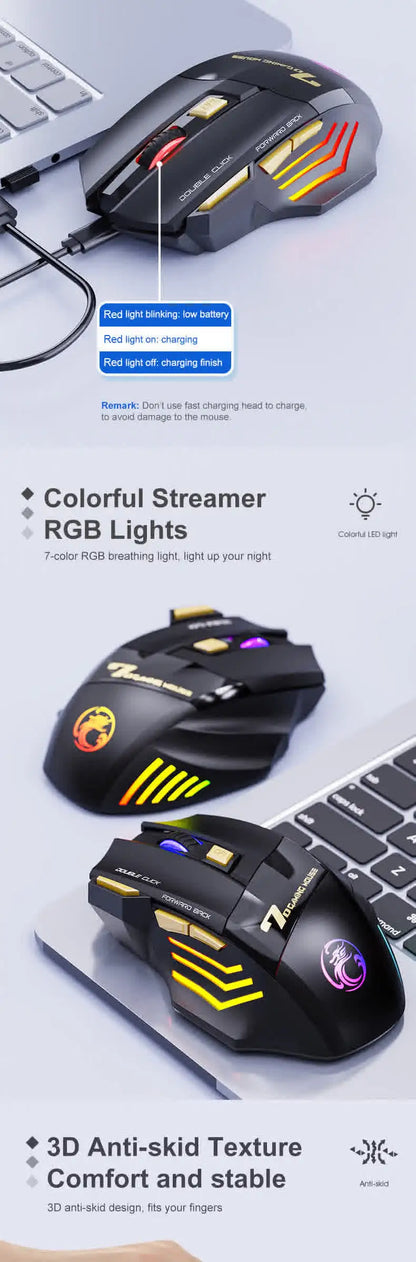 Brezžična miška Bluetooth, polnilna računalniška miška za gamerje, ergonomska gaming miška z RGB osvetlitvijo in tihim delovanjem za PC
