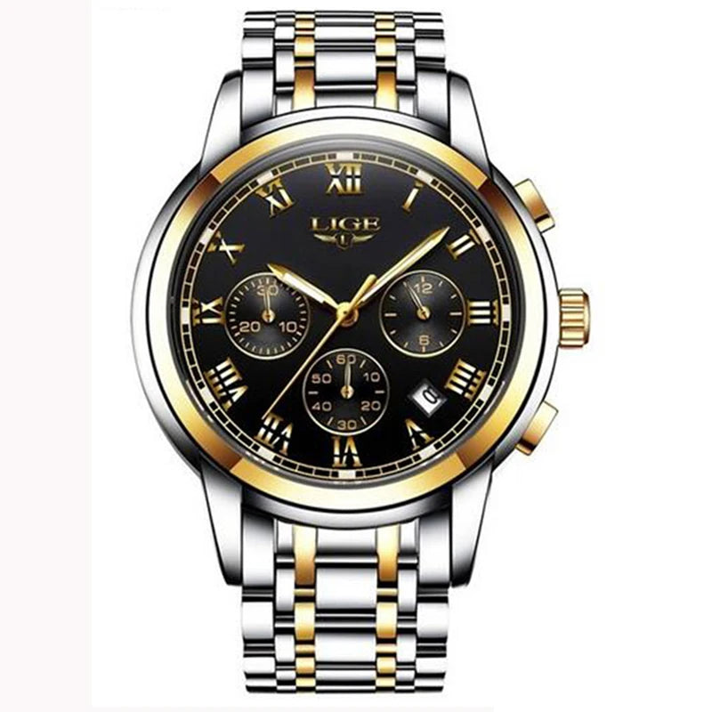 Relógio para homem LIGE – Cronógrafo de luxo, estilo desportivo descontraído, estanque, totalmente em aço, movimento de quartzo