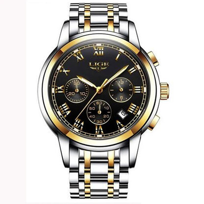 Relógio para homem LIGE – Cronógrafo de luxo, estilo desportivo descontraído, estanque, totalmente em aço, movimento de quartzo