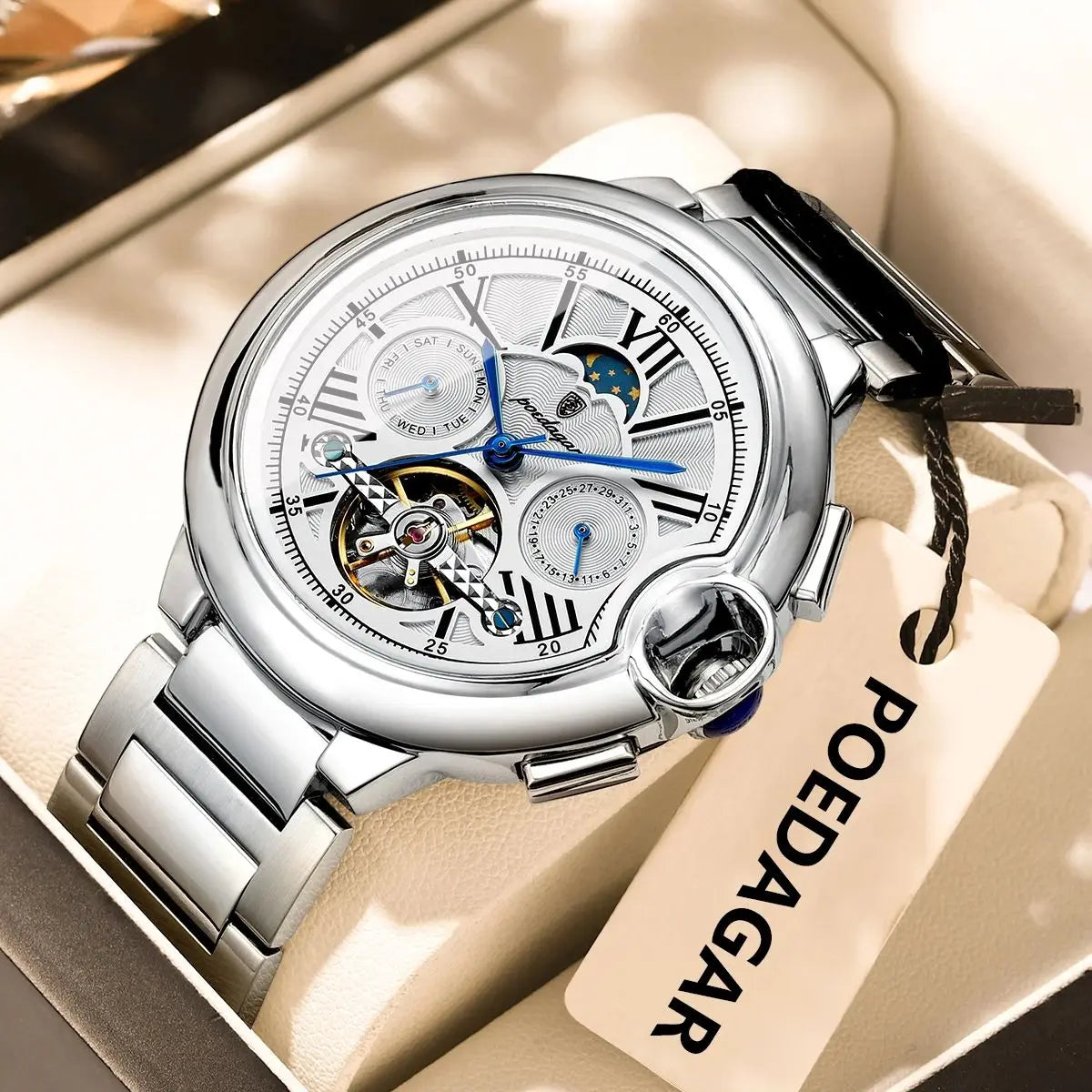 POEDAGAR Luxury Male Watch Tourbillon Date Week Stainless Steel Men Watch Waterproof Automatic Mechanical Military Men's Watches