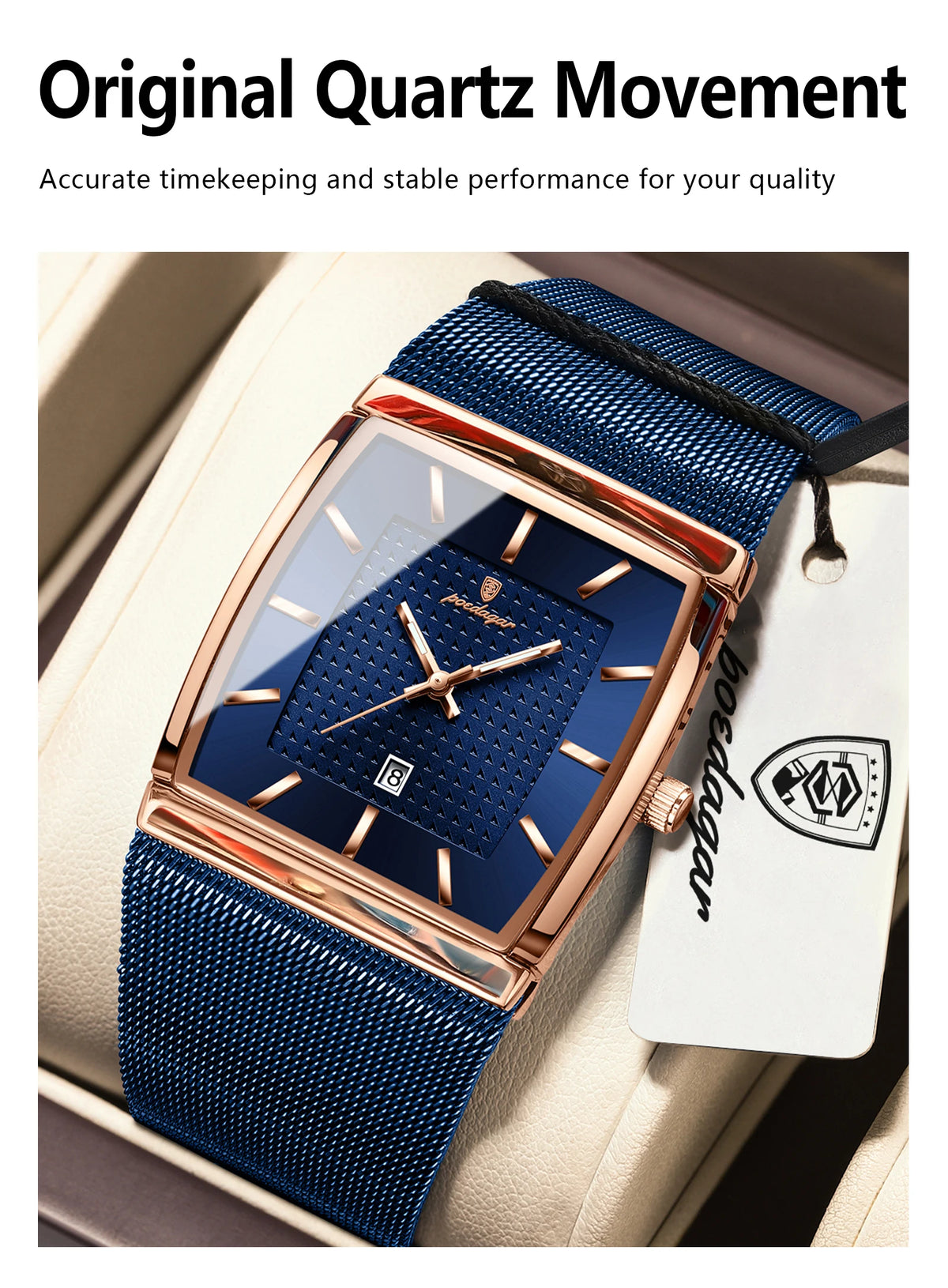 POEDAGAR Men’s Luxury Rectangle Quartz Watch Stainless Steel Mesh Strap, Luminous Dial & Date