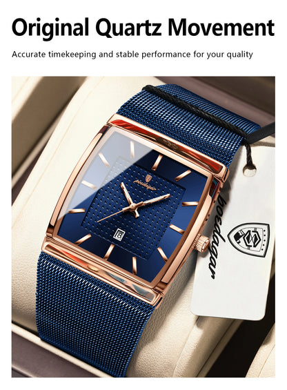 POEDAGAR Men’s Luxury Rectangle Quartz Watch Stainless Steel Mesh Strap, Luminous Dial & Date