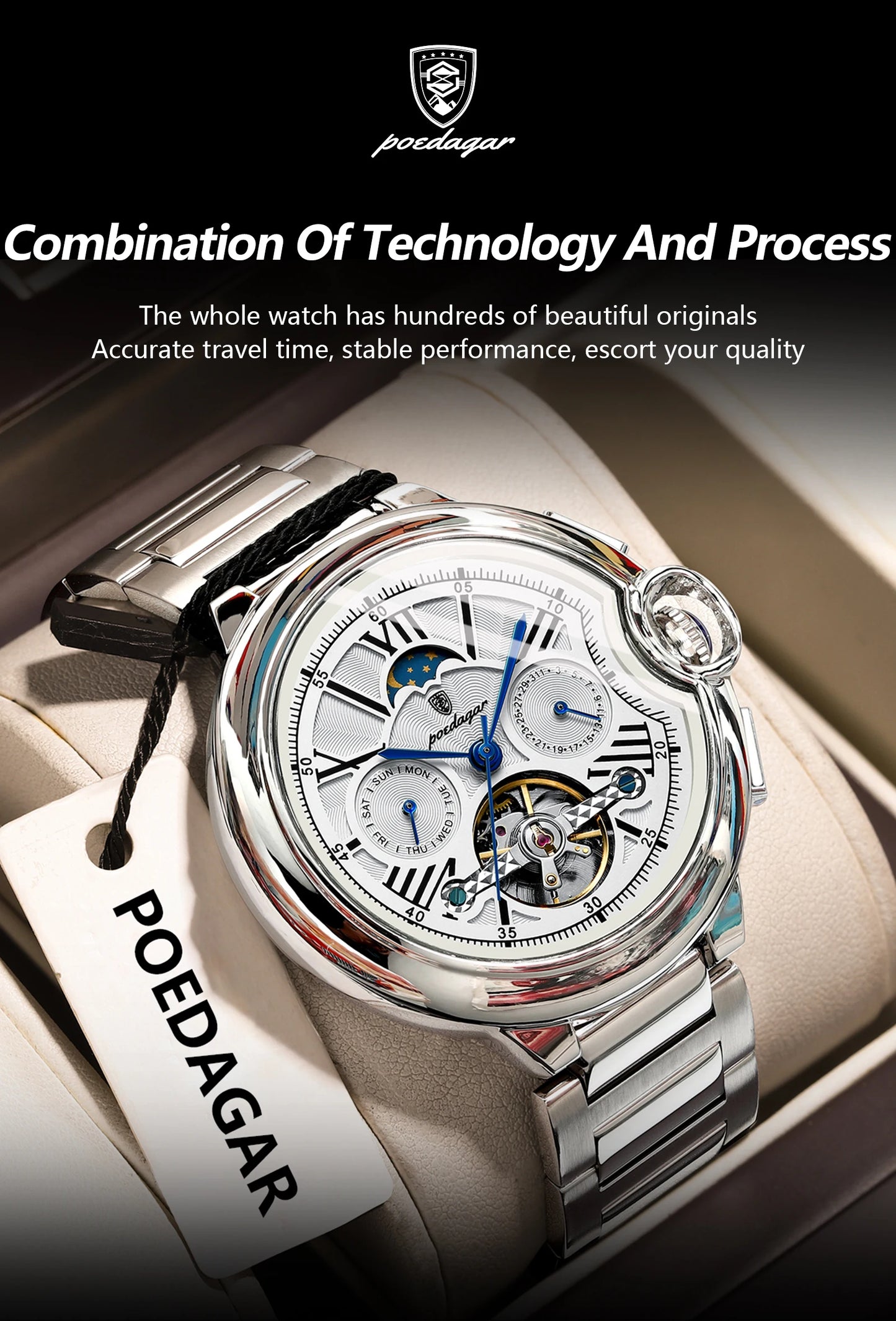POEDAGAR Luxury Male Watch Tourbillon Date Week Stainless Steel Men Watch Waterproof Automatic Mechanical Military Men's Watches