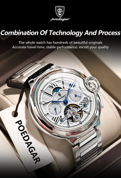 POEDAGAR Luxury Male Watch Tourbillon Date Week Stainless Steel Men Watch Waterproof Automatic Mechanical Military Men's Watches
