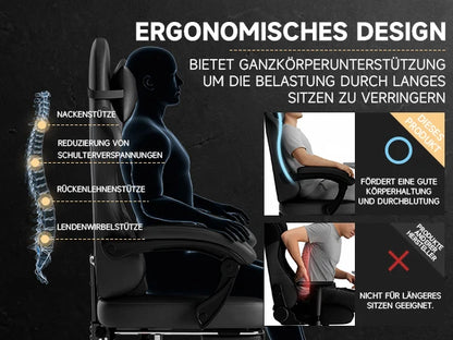 Sedia da gaming ergonomica PINGGO con poggiapiedi e massaggio, in pelle PVC, sedia da ufficio per gaming su PC, portata 150kg