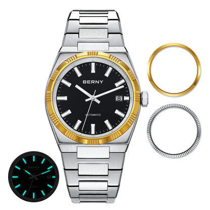 BERNY men’s automatic watch, gold-coloured, sapphire crystal, luminescent hands, 100% genuine, fitted with a PT5000 movement, anti-reflective coating, luxury model with interchangeable bezel, water-resistant to 5 ATM.
