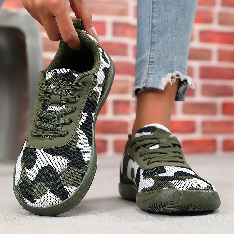 Camouflage-damesko med bred tå, åndbart mesh, komfortable barfodssko med flad sål, nye bløde såler, Chaussure De herresneakers