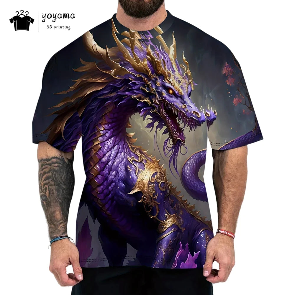 T-shirts de homem com padrão de dragão, manga curta, gola redonda, estilo streetwear, estampado animal 3D, corte largo e versátil, roupa de homem
