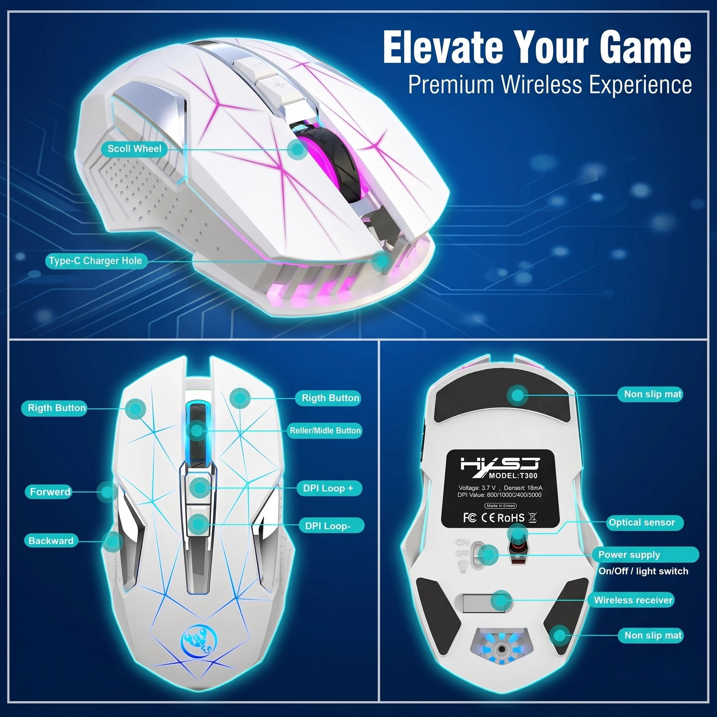 Wireless Gaming Mouse 2.4G Colorful Breathing Light Instant Response No Tangled Cables Work with Gaming Switch