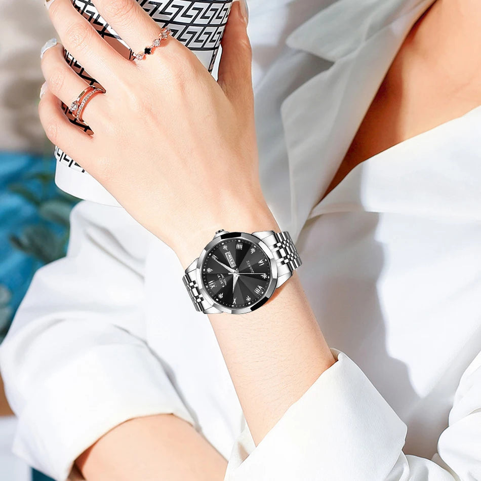 Relógio de pulso de quartzo para mulher LIGE – Elegante e luxuoso, com indicação da data e do dia da semana – Relógio simples e à prova de água, ideal como presente para mulher
