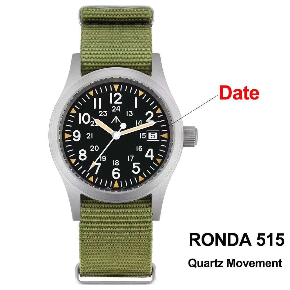 Militado ML05 38mm Military Field Watch VH31 Sweep Quartz Movement Domed Sapphire Crystal Waterproof 100M Super Luminous Watches