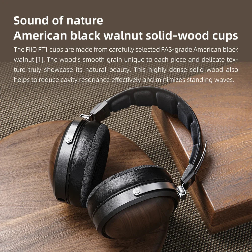 FiiO FT1 Professional Wired HiFi Monitor Headphones – North American Walnut Over-Ear Dynamic Stereo Headset with Leather & Metal Build