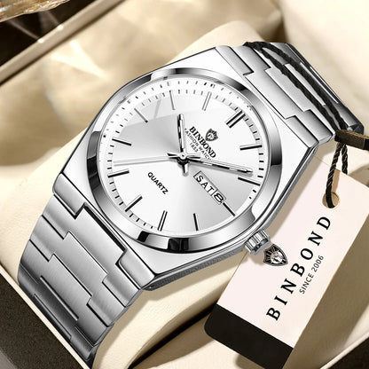 Relógio de pulso de luxo BINBOND com movimento de quartzo, luminoso, estanque, com indicação do dia da semana e data automática, bracelete em aço, estilo empresarial, desportivo, moderno e casual.