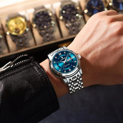 Trendy, luxe POEDAGAR herenpolshorloge, waterdicht, van roestvrij staal, verlicht, met datum en quartz-uurwerk.