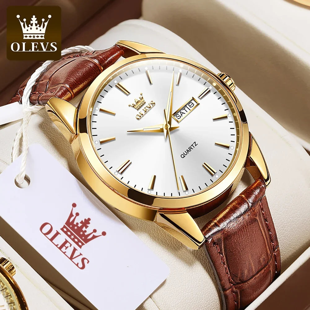 OLEVS-kwartshorloge voor heren – Luxe en elegante stijl, leren band, datum- en dagweergave, waterdicht, ideaal voor op het werk